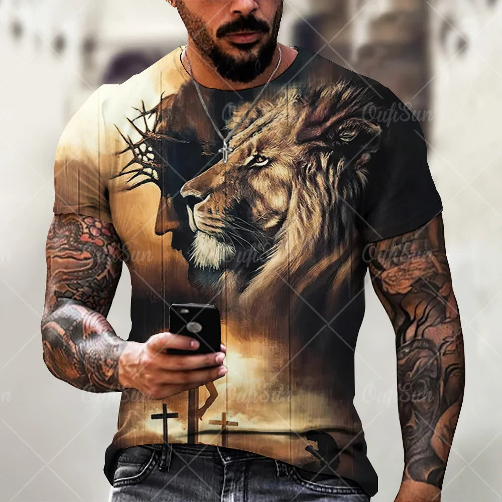 Christ Jesus T-Shirts for Men 3D Lion Printed T-Shirt Summer Clothes Short Sleeve Streetwear Vintage Tops Tee Shirt Men Clothing