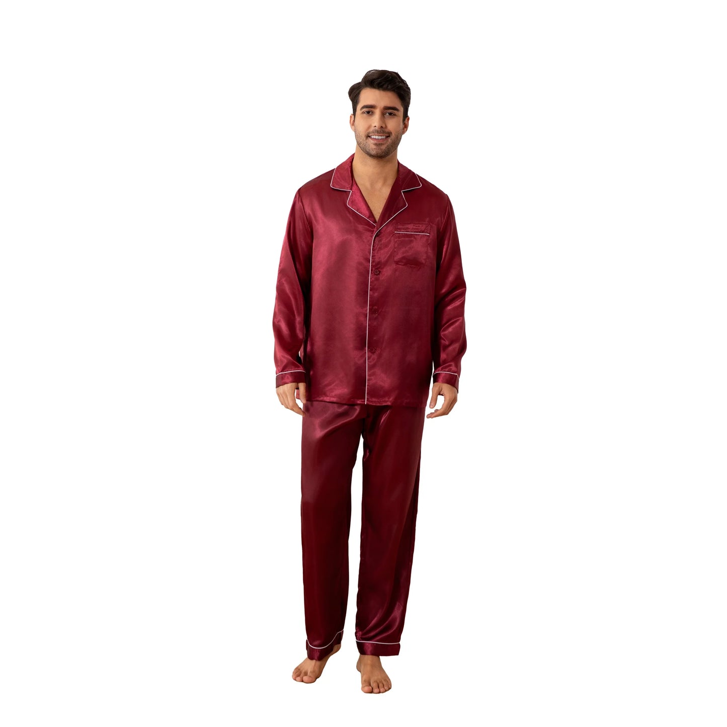 New Men's Pajamas Set Solid Color Casual Homewear Ice Silk Long Sleeve Shirt & Long Pants Pajama Male Satin Sleepwear Indoor Set