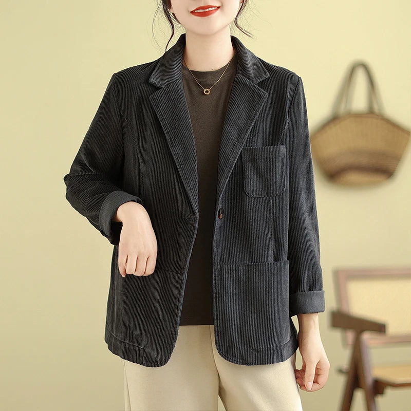 Retro Corduroy ort Suit Jaet Women's Loose Casual Striped Velvet Open Cardigan Top Spring 2026 New Sle Cotton Material