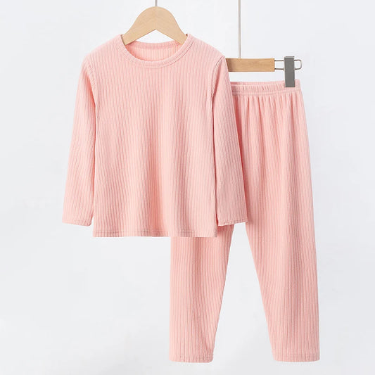 2-Piece Autumn/Winter Children's 5-color Pit Stripe Thermal Underwear Set Boys' Versatile Home Clothes Girls' Sweet Sleepwear