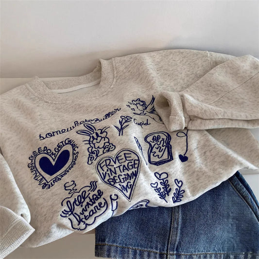 America Retro Sweatshirt Long Sleeves Women Casual O-Neck Sweatshirts Autumn Gray Pullovers Cartoon Print Female Chic Tops