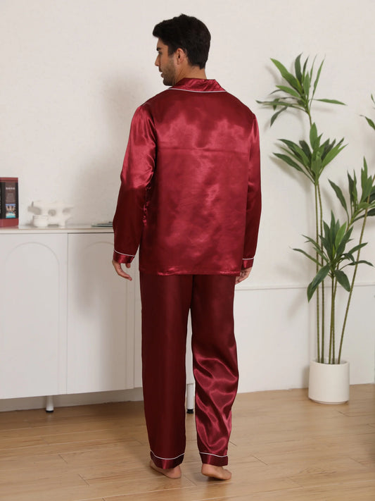 New Men's Pajamas Set Solid Color Casual Homewear Ice Silk Long Sleeve Shirt & Long Pants Pajama Male Satin Sleepwear Indoor Set