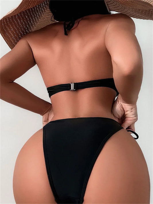Sexy Shell Shape Underwire Bikini Tie Side Thong Bikinis Swimwear Women 2025 Black Pearls Strap Push Up Bathing Suit Swimsuit