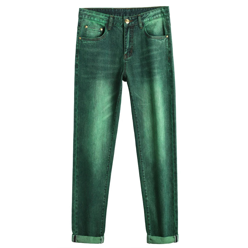 Emerald Green Jeans High-End Embroidery Slim Straight Leg Men Pants Personality Fashion Everything Trend Elastic Denim Pant