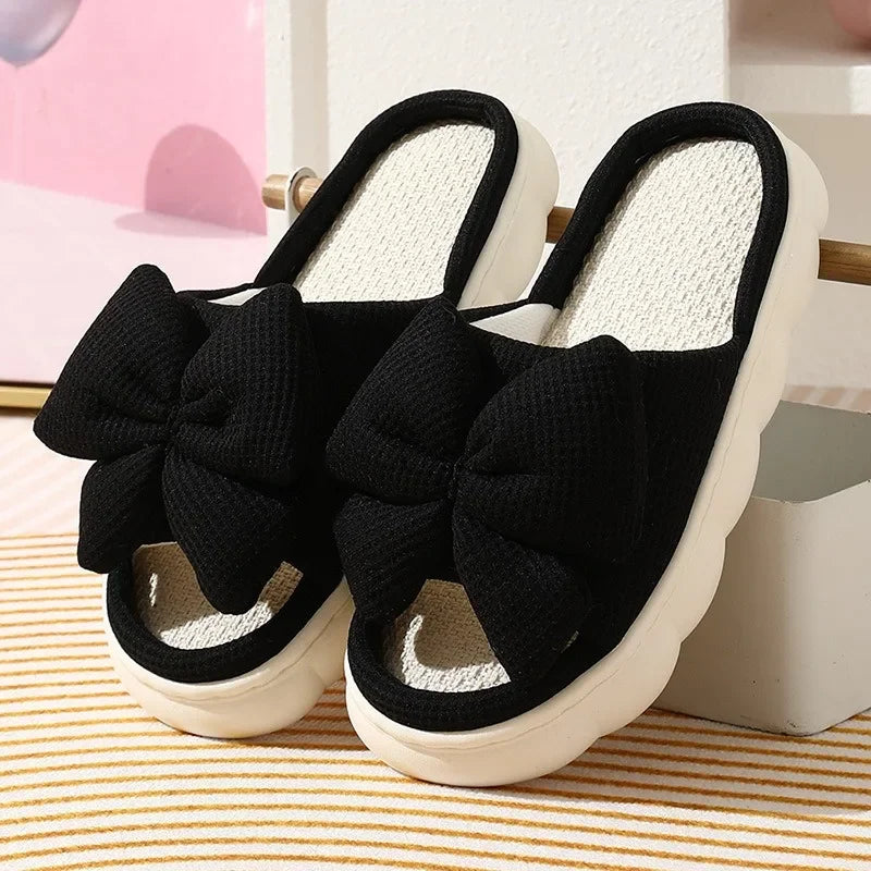 Comfortable Linen Slippers Soft and Lightweight Cotton Slippers Cute Bowknot Flat Slipper Couples Slides Home Shoes for Women