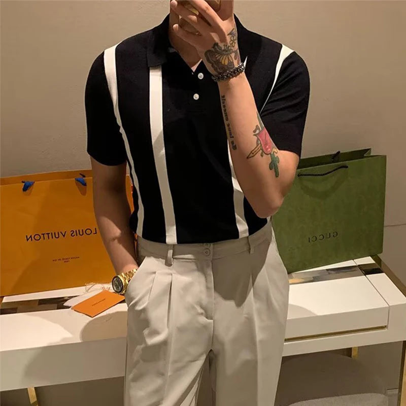 Trendy Mens Slim Knit Polo Shirts Summer Daily Casual Striped Contrast Color Knitted Polos Men Summer Fashion Short Sleeve Tops