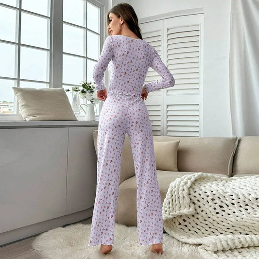 Spring Autumn Floral Print Lettuce Trim Tops with Long Pants Sleepwear Women Pajamas Set Loungewear Nightwear Pijama Mujer
