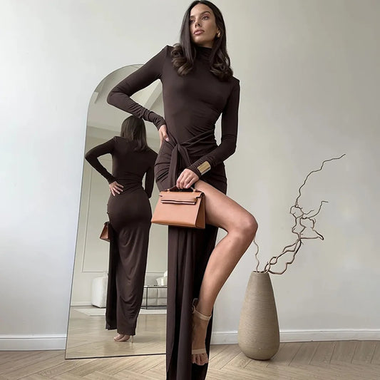 Autumn and Winter Fashion Women's High Collar Long Sleeve Splicing Strap Waist Slimming Style Solid Color Dress for Women