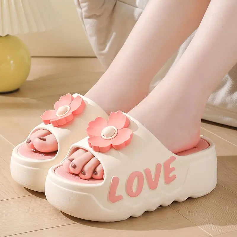 New pink flower high heel slipper women's outdoor slides sweet backless beach shoes woman flat platform mules elevator slippers