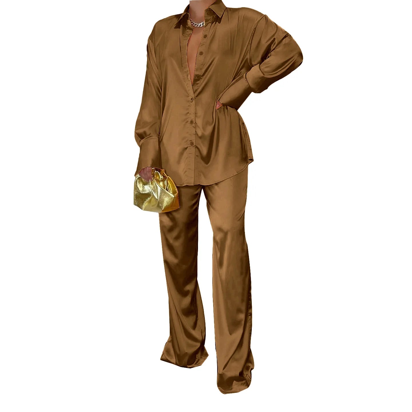 CM.YAYA Elegant Satin Women's Tracksuit Long Sleeve Shirt and Wide Leg Straight Pants Matching Sleepwear Two 2 Piece Set Outfits