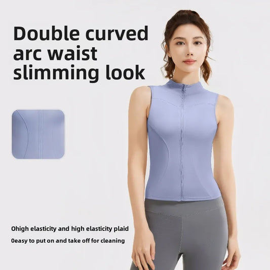 Spring and Summer New Sleeveless Vest Women's Yoga Jacket Slimming Stretch Slim Sports Jacket Standing Collar Zipper Top Fitness