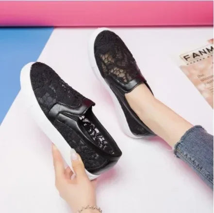 Women Shoes Summer Mesh Lace Women Casual Shoes Sneakers Breathable Hollow Flat Loafers Slip-On Height Increase Shoe2024
