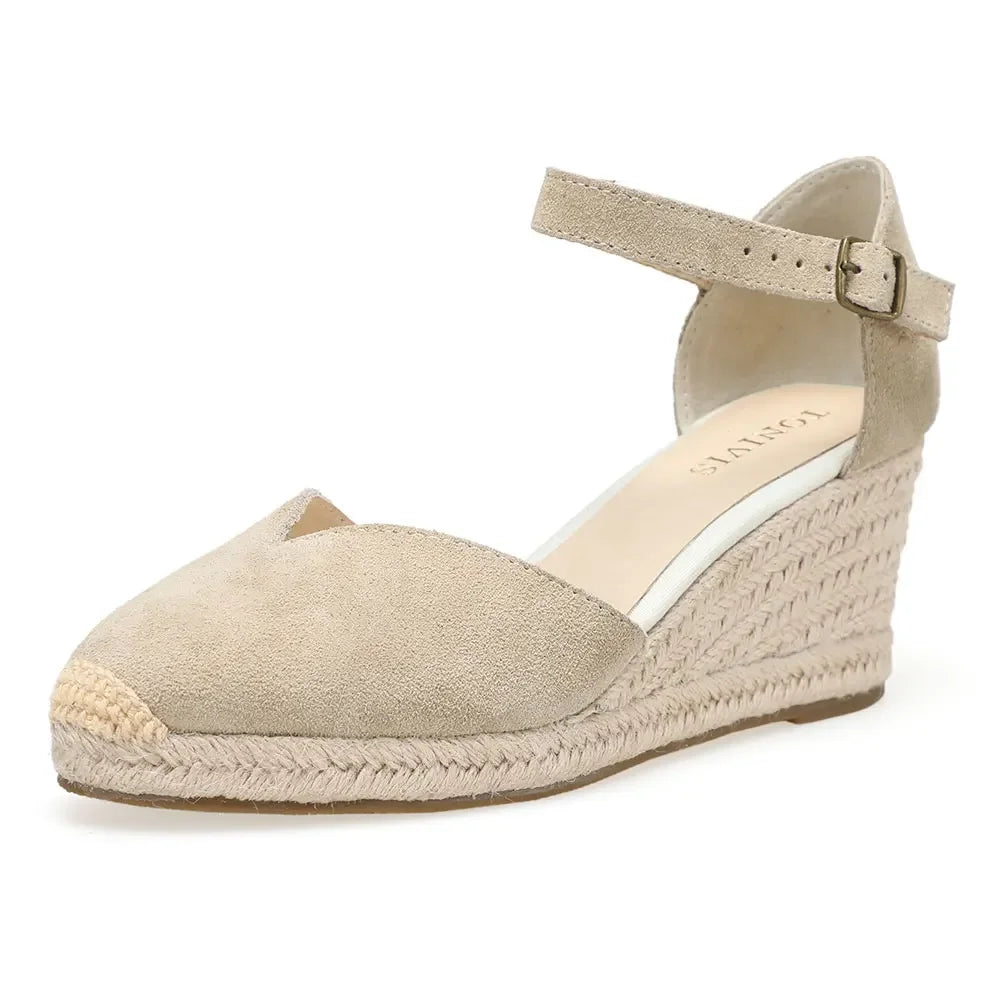 Wedge Heel Shoes Genuine Leather Women's Sandals with Ankle-wrap and 5-8cm for Ladies