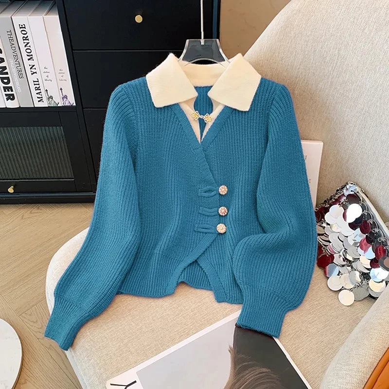 New 2026 Autumn Winter Design Splicing Slim Women Knitted Cardigan Sweater Jacket Fashion Fake Two Items Loose Ladies Top