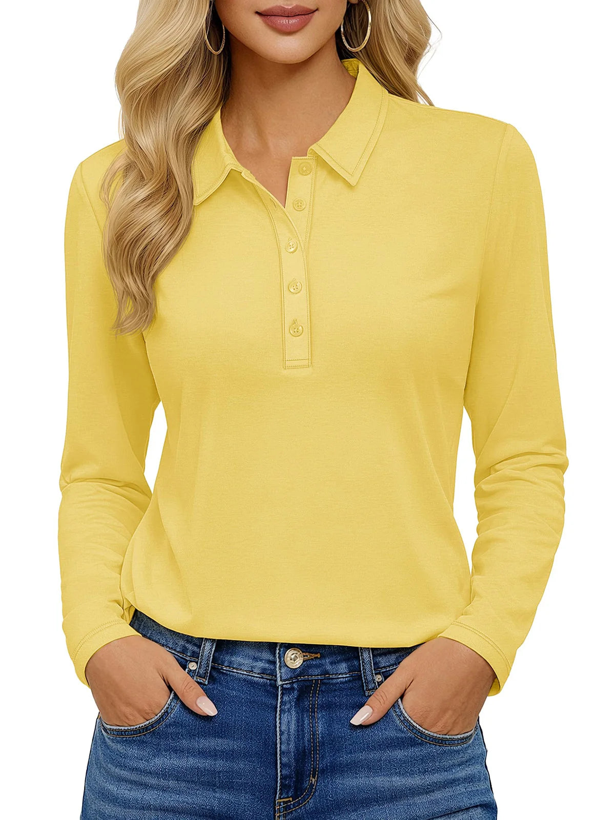 TACVASEN Women's Long Sleeve 5-Button Polo Shirts V-Neck Collared Tops Cotton Blend Casual Work Golf T-Shirts with Side Split