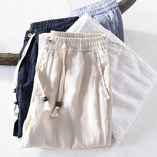 2025 Summer men's Linen pants Thin Breathable Spring solid Beach Trousers for men Elasticated waist white man Casual pants