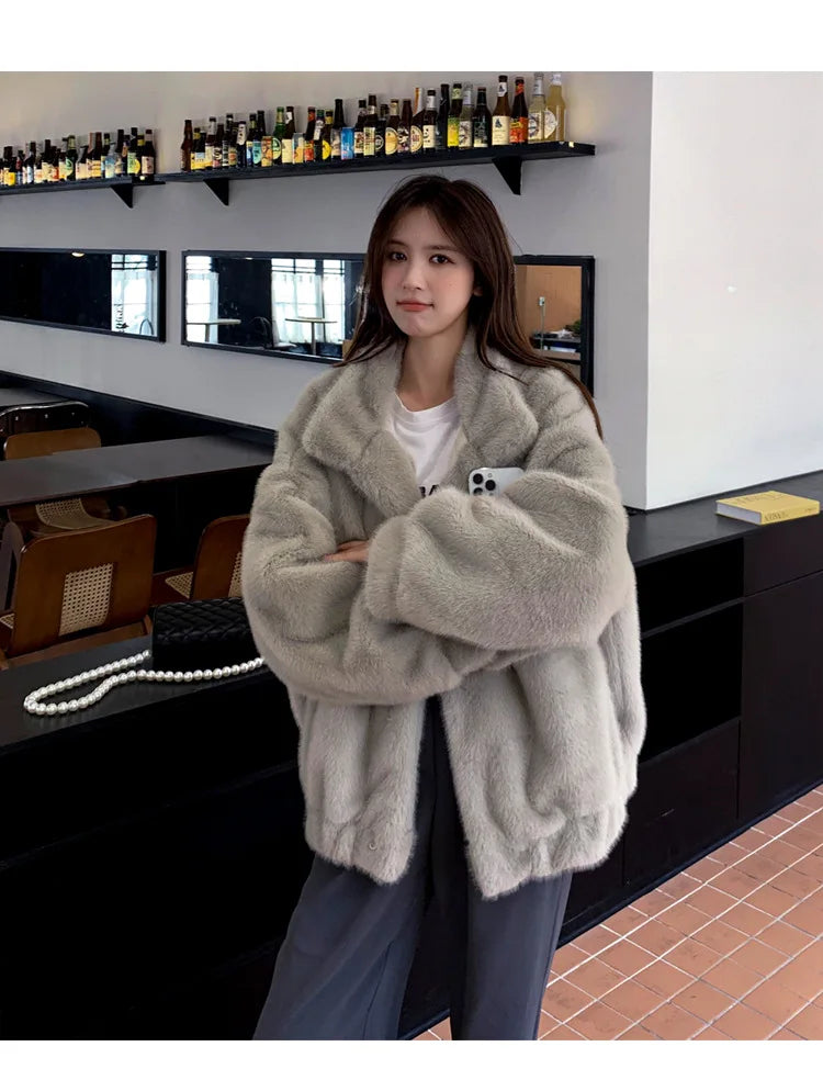 Women Faux Fur Coats Mid Length Jackets Stand Collar Coat Thick Warm Y2k Streetwear Jacket Work Casual Loose Autumn Winter