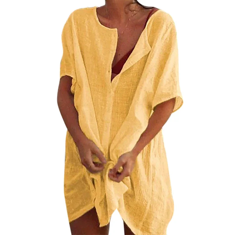 2025 Hot Sexy Beach Swimsuit Cover-Ups Women Blouse Beach Shirt Cotton Linen Long Blouse Fashion Casual Solid Color Beach Dress