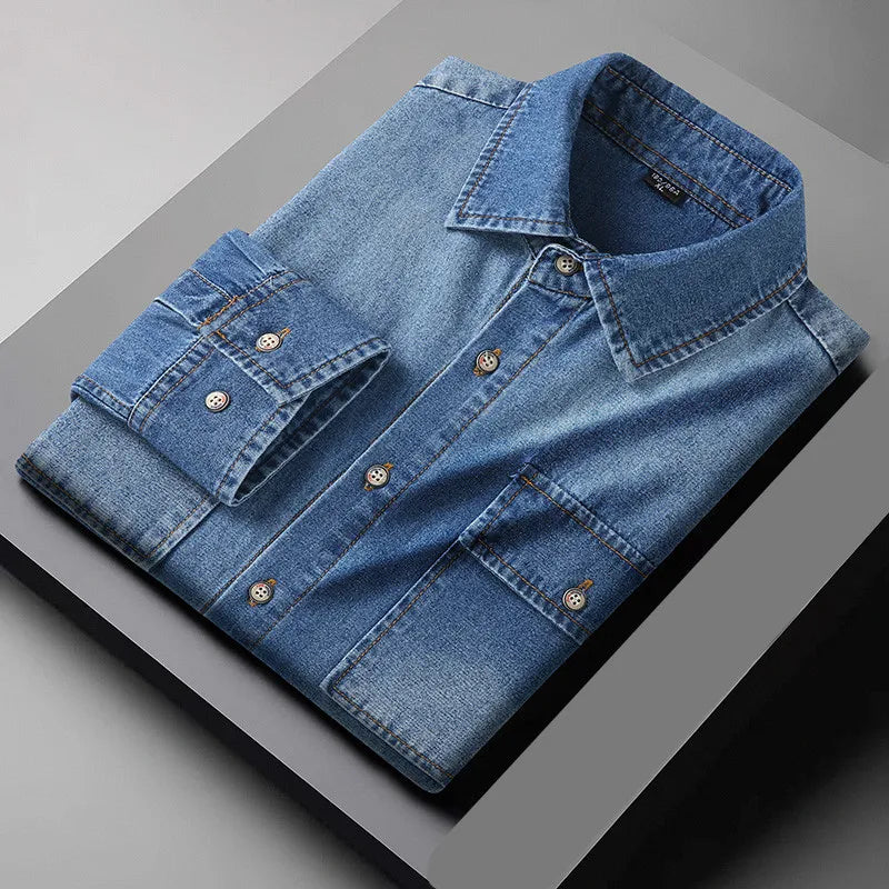 New Autumn Cotton Denim Shirts Men Slim Fit Smart Casual Solid Color Long Sleeve Mens Jeans Shirt Fashion Male Shirt Black Blu