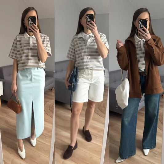 2025 Summer Women Casual Striped Short sleeve Polo Shirt T shirt