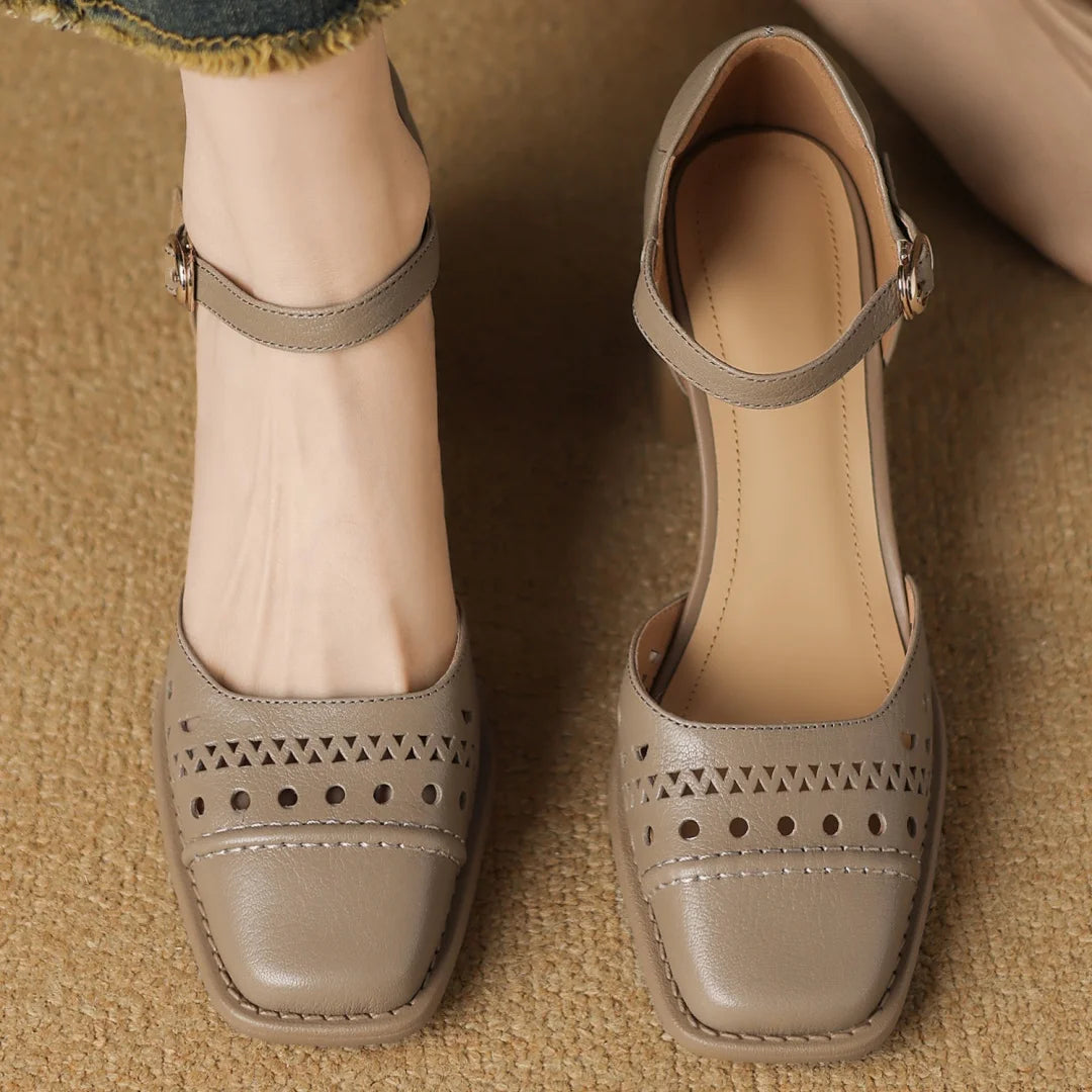 Women's sheepskin hollow-out summer sandals ankle strap square toe 6cm thick med heel elegant ladies heeled dress slim shoes 40