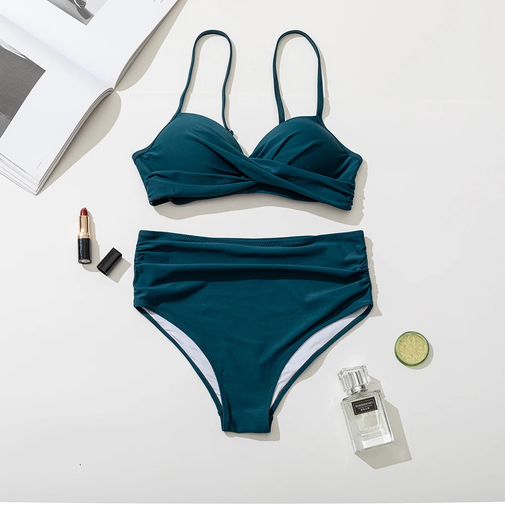 women's sexy solid color swimsuit deep V neck swimwear female monokini high waist bikini set two piece bathing suit set