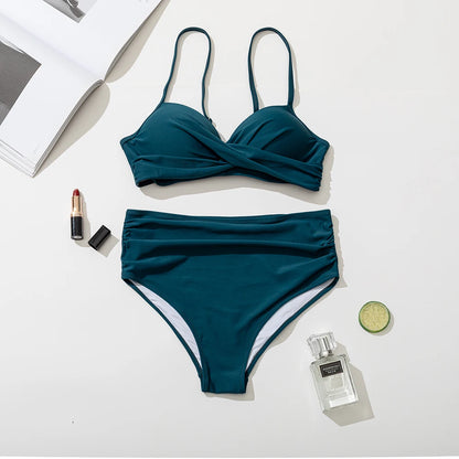 women's sexy solid color swimsuit deep V neck swimwear female monokini high waist bikini set two piece bathing suit set