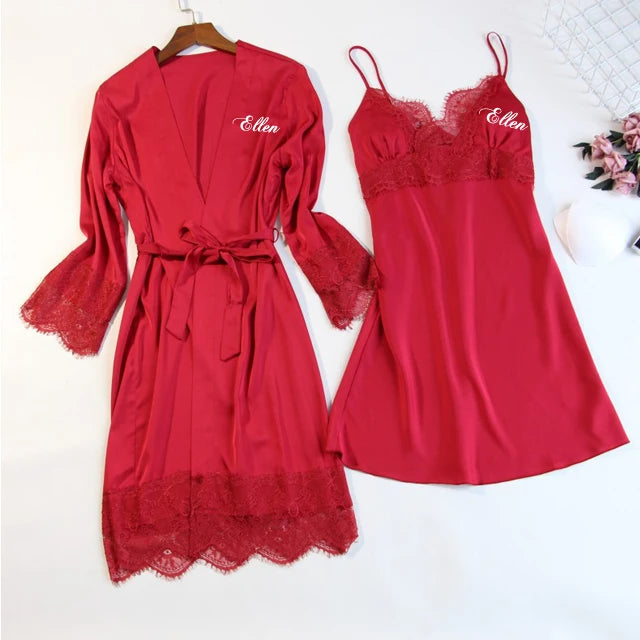 Personalized name Women Kimono Bathrobe Bride Bridesmaid Wedding Robe Set Lace Trim Sleepwear Casual Home Clothes Nightwear
