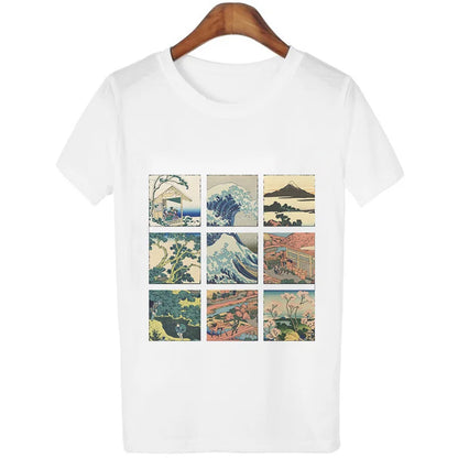 New Summer T-shirt Women Harajuku Vintage Funny Van Gogh Art Oil Painting Lattice Print Jiugongge T Shirt Ulzzang Female T-shirt