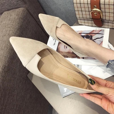 Women Flats Flock Leather Pointed Toe Solid Color Apricot Plus Small Size 31 32 33 34 Big Size 43 44 45 46 Lady Flat Heel Shoes