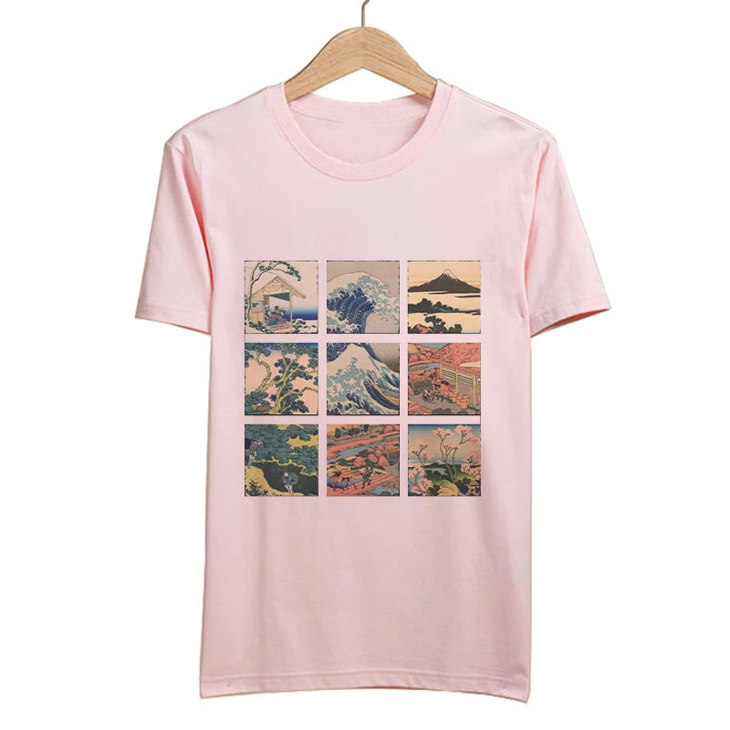 New Summer T-shirt Women Harajuku Vintage Funny Van Gogh Art Oil Painting Lattice Print Jiugongge T Shirt Ulzzang Female T-shirt