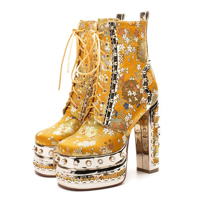 Phoentin Luxury crystal super high heels wedding party shoes women's silk embroidery flower platform ethnic Ankle boots FT1736