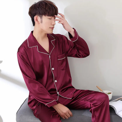 Sleepwear Couple Silk Satin Solid Color Pajama Sets Long Button-Down Pijama Plus Size Home Clothes Pyjamas Women Men Loungewear
