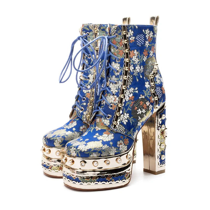 Phoentin Luxury crystal super high heels wedding party shoes women's silk embroidery flower platform ethnic Ankle boots FT1736