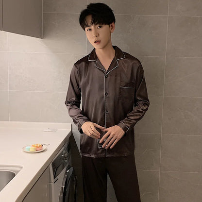 Sleepwear Couple Silk Satin Solid Color Pajama Sets Long Button-Down Pijama Plus Size Home Clothes Pyjamas Women Men Loungewear