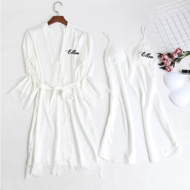 Personalized name Women Kimono Bathrobe Bride Bridesmaid Wedding Robe Set Lace Trim Sleepwear Casual Home Clothes Nightwear