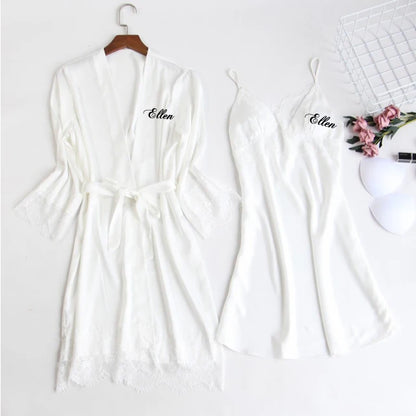 Personalized name Women Kimono Bathrobe Bride Bridesmaid Wedding Robe Set Lace Trim Sleepwear Casual Home Clothes Nightwear