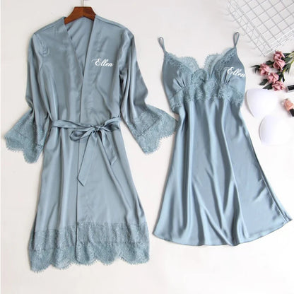 Personalized name Women Kimono Bathrobe Bride Bridesmaid Wedding Robe Set Lace Trim Sleepwear Casual Home Clothes Nightwear