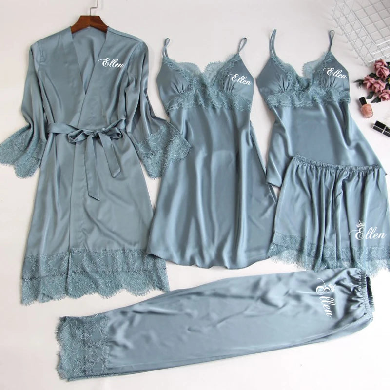Personalized name Women Kimono Bathrobe Bride Bridesmaid Wedding Robe Set Lace Trim Sleepwear Casual Home Clothes Nightwear