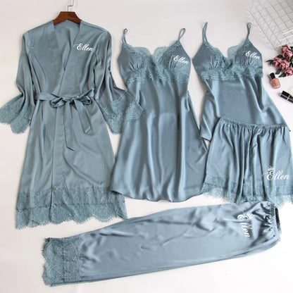 Personalized name Women Kimono Bathrobe Bride Bridesmaid Wedding Robe Set Lace Trim Sleepwear Casual Home Clothes Nightwear