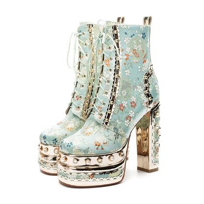 Phoentin Luxury crystal super high heels wedding party shoes women's silk embroidery flower platform ethnic Ankle boots FT1736