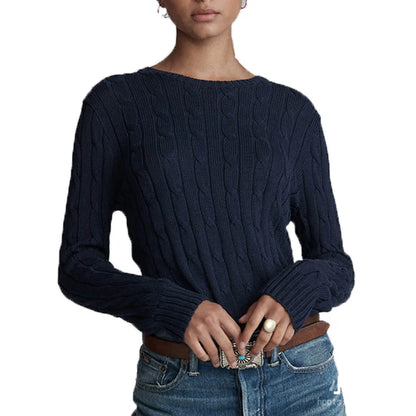 Women's Autumn Knit Sweater Classic Round Neck Long Sleeve Twist Thickening Solid Color Loose Casual Sweater Tops