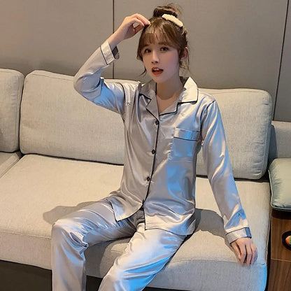 Sleepwear Couple Silk Satin Solid Color Pajama Sets Long Button-Down Pijama Plus Size Home Clothes Pyjamas Women Men Loungewear