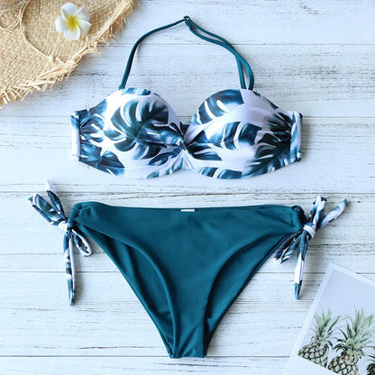 2023 New Leaves Print Bikini Swimsuit Women Push Up Bikini Set Bandeau Swimwear Bathing Suit Brazilian Biquini Female Swim Suit