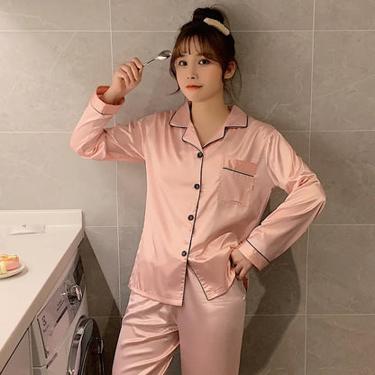 Sleepwear Couple Silk Satin Solid Color Pajama Sets Long Button-Down Pijama Plus Size Home Clothes Pyjamas Women Men Loungewear