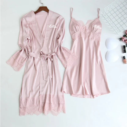 Personalized name Women Kimono Bathrobe Bride Bridesmaid Wedding Robe Set Lace Trim Sleepwear Casual Home Clothes Nightwear