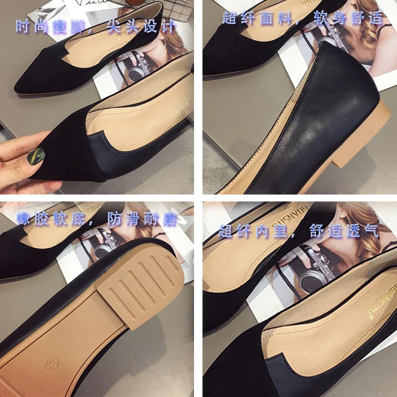 Women Flats Flock Leather Pointed Toe Solid Color Apricot Plus Small Size 31 32 33 34 Big Size 43 44 45 46 Lady Flat Heel Shoes