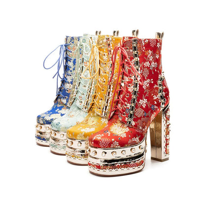 Phoentin Luxury crystal super high heels wedding party shoes women's silk embroidery flower platform ethnic Ankle boots FT1736