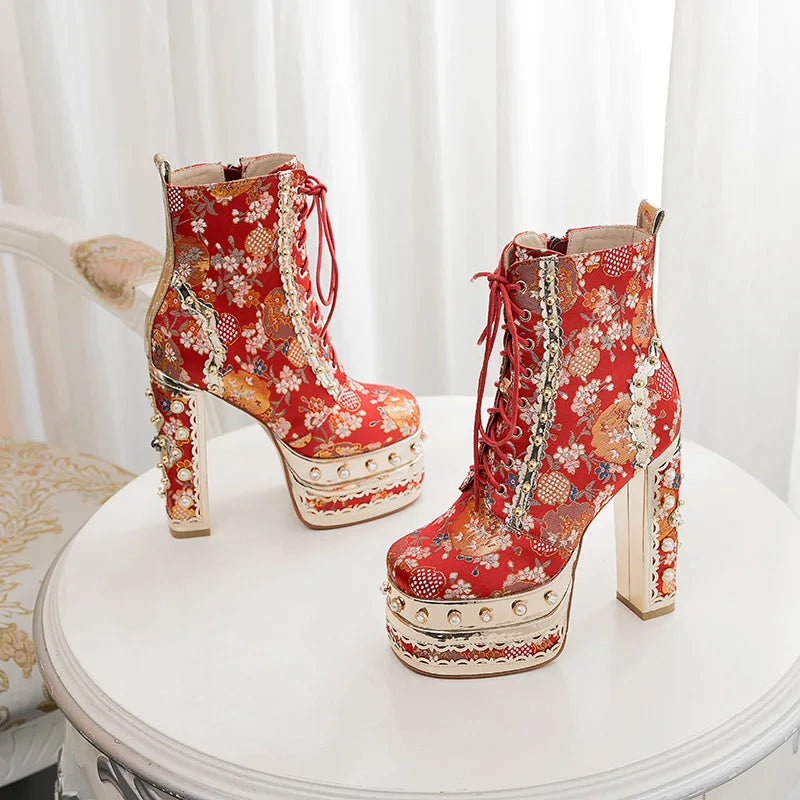 Phoentin Luxury crystal super high heels wedding party shoes women's silk embroidery flower platform ethnic Ankle boots FT1736