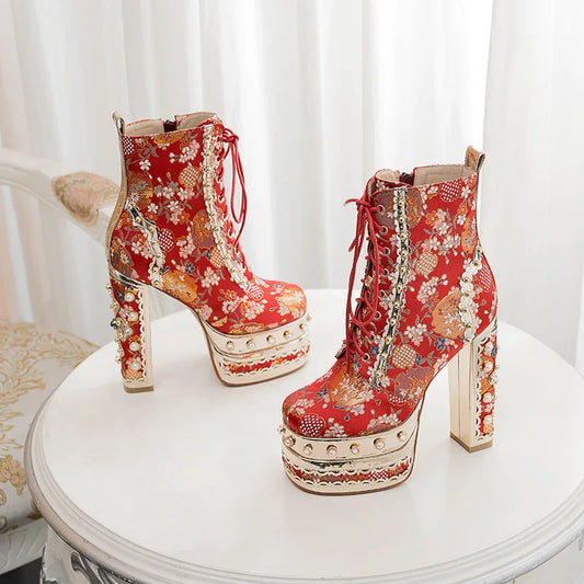 Phoentin Luxury crystal super high heels wedding party shoes women's silk embroidery flower platform ethnic Ankle boots FT1736